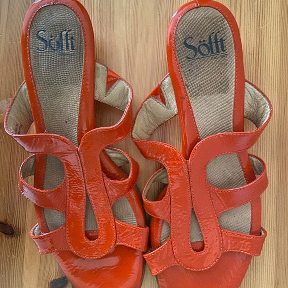 Patent Leather Orange Wedge Slides - Picture 2 of 3